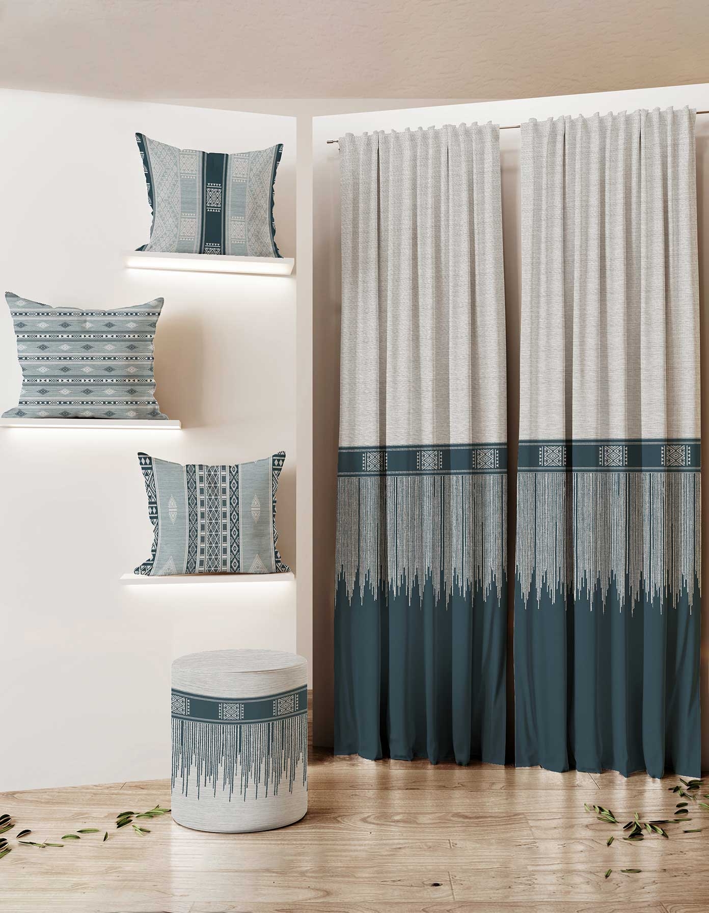 A set of curtains with two sides, a strip, 3 cushions, and 1 pouf - Code006