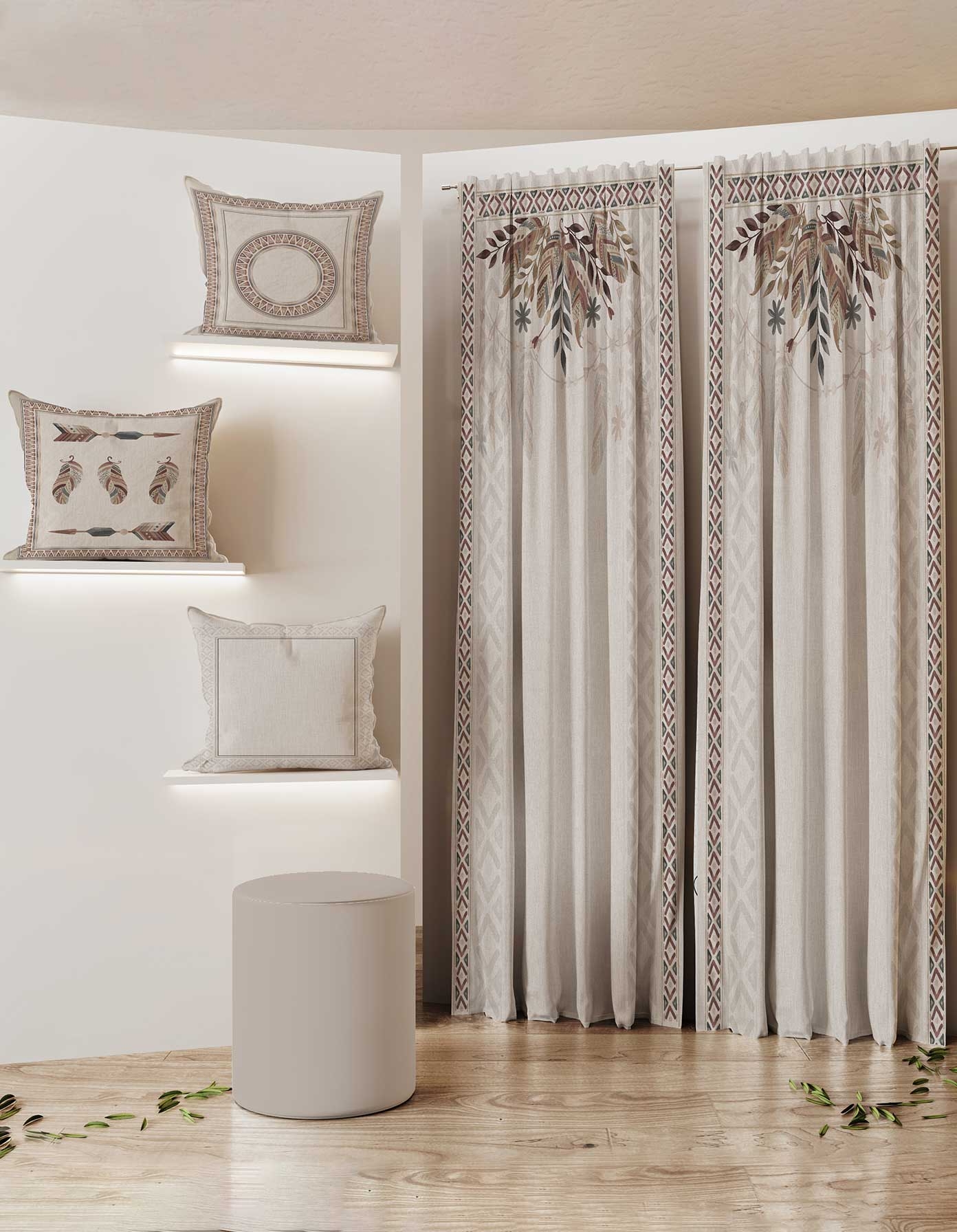 A set of curtains with two sides, a strip, 3 cushions, and 1 pouf - Code004