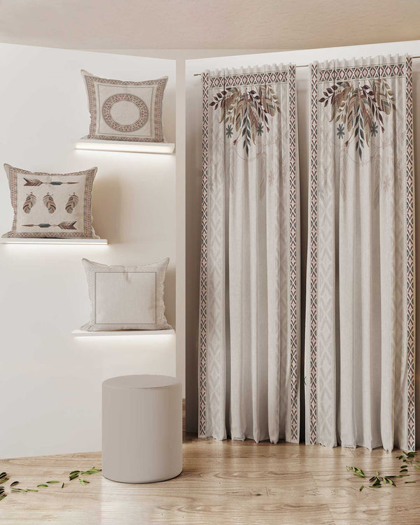 Curtain & Cushion Set 004 — Printed Curtain 270×275 cm with 3 Cushions & Pouf