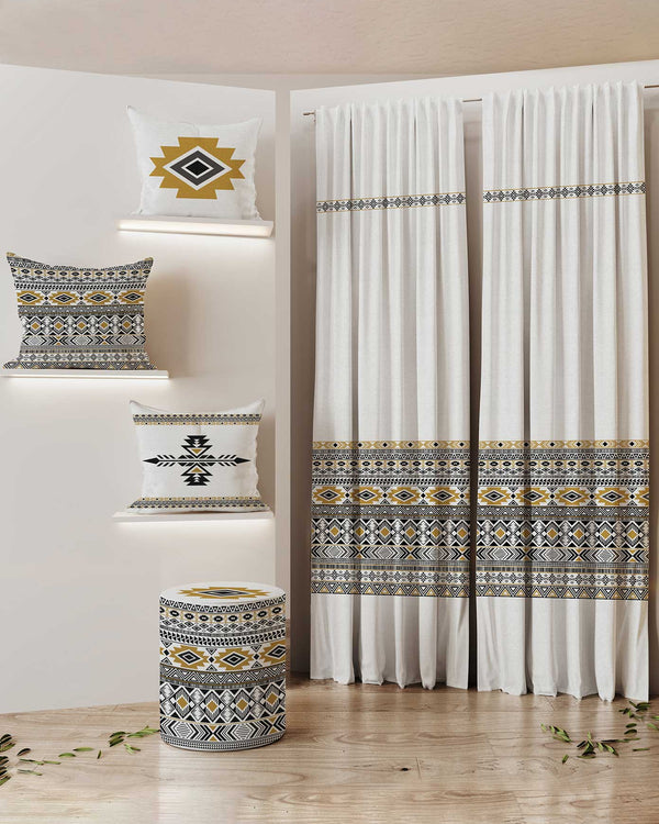 Curtain & Cushion Set 005 — Printed Curtain 270×275 cm with 3 Cushions & Pouf