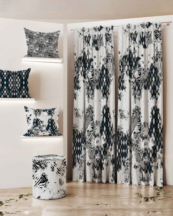Curtain & Cushion Set 015 — Printed Curtain 270×275 cm with 3 Cushions & Pouf