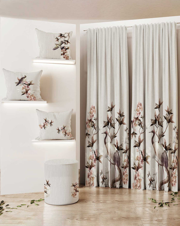 Curtain & Cushion Set 017B — Printed Curtain 270×275 cm with 3 Cushions & Pouf