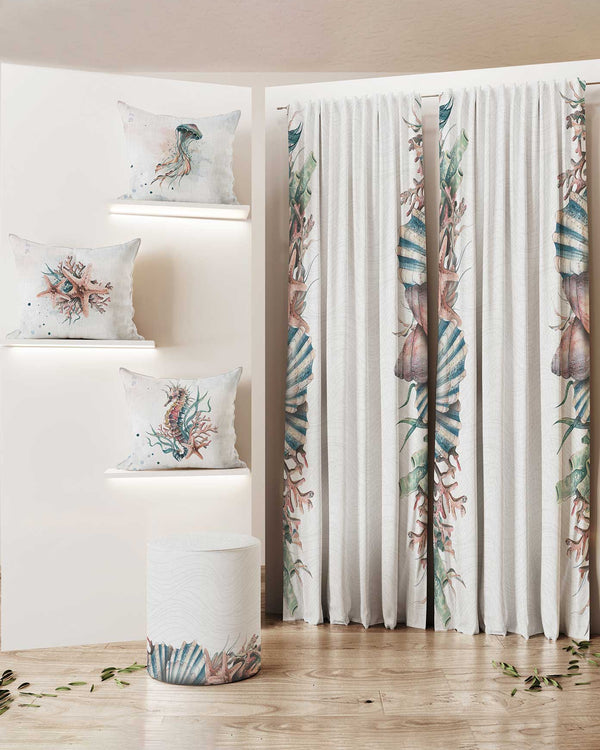 Curtain & Cushion Set 018B — Printed Curtain 270×275 cm with 3 Cushions & Pouf